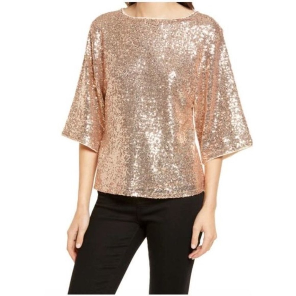 CHELSEA28 ROSE GOLDTONE SEQUIN KIMONO 3/4 SLEEVE CREW NECK PULLOVER BOXY TOP M